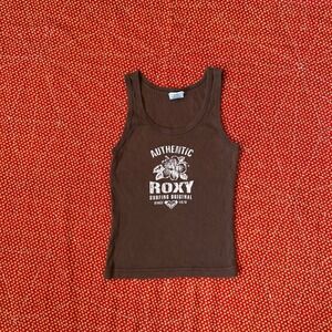 Vintage Roxy 2000s Brown Ribbed Graphic Tank Top Small Surfing Original Hibiscus